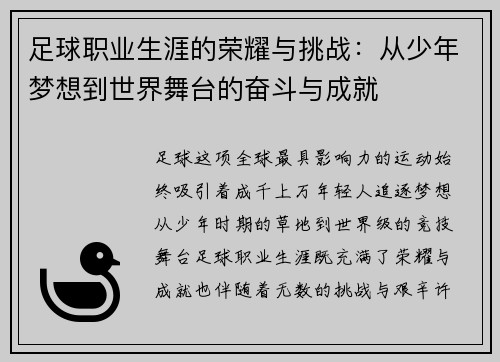 足球职业生涯的荣耀与挑战：从少年梦想到世界舞台的奋斗与成就