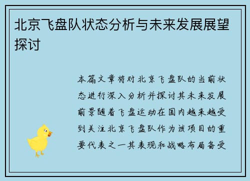 北京飞盘队状态分析与未来发展展望探讨